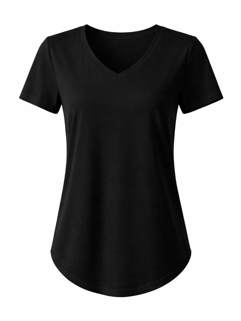 Women's V Neck Short Sleeve Summer T Shirts Curved Hem, Black, Size Xl
